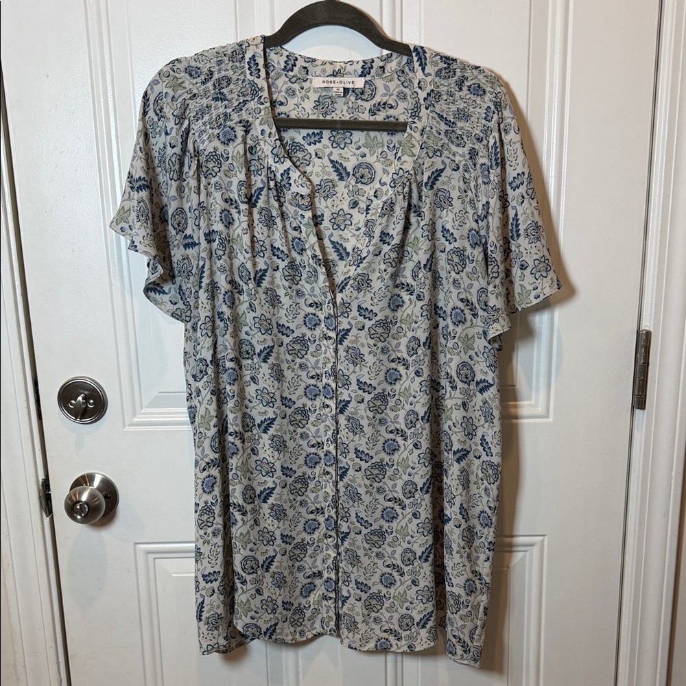 Rose + Olive Floral Blue and White Women's Top